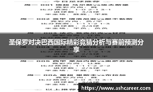 圣保罗对决巴西国际精彩竞猜分析与赛前预测分享